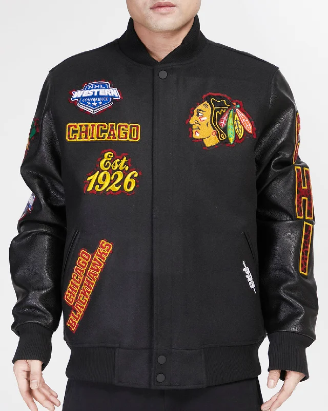 NHL CHICAGO BLACKHAWKS ANIMAL PRINT WOOL VARSITY JACKET (JET BLACK)