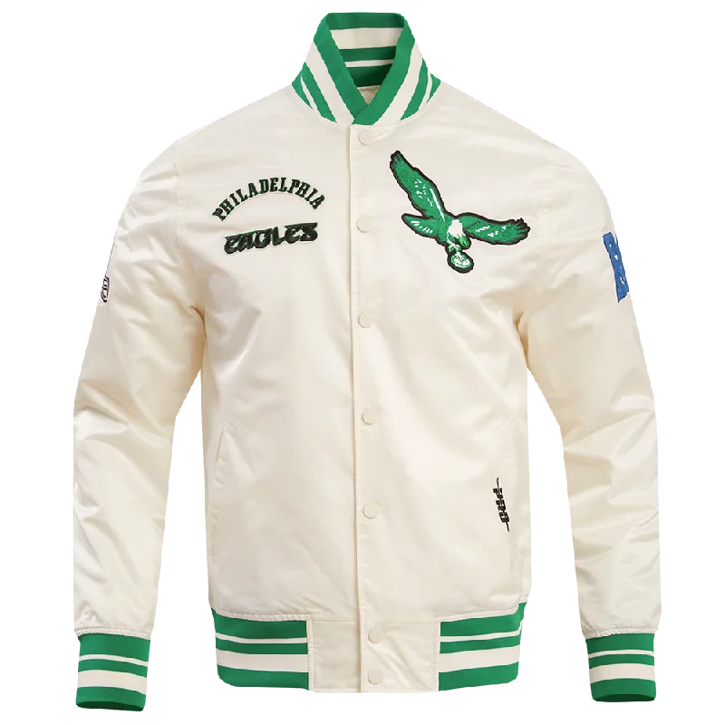 NFL PHILADELPHIA EAGLES RETRO CLASSIC MEN'S RIB SATIN JACKET (EGGSHELL/ KELLY GREEN)