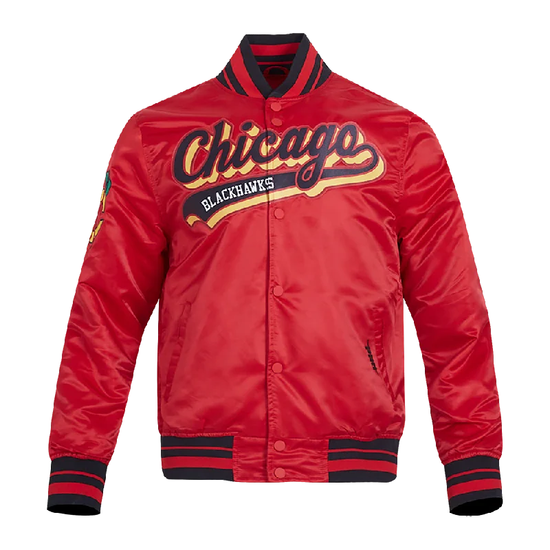 NHL CHICAGO BLACKHAWKS SCRIPT TAIL MEN'S RIB SATIN JACKET (RED/BLACK)