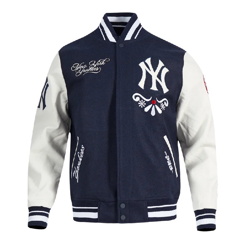 MLB NEW YORK YANKEES SUGAR SKULL MEN'S RIB WOOL VARSITY JACKET (MIDNIGHT NAVY/WHITE)