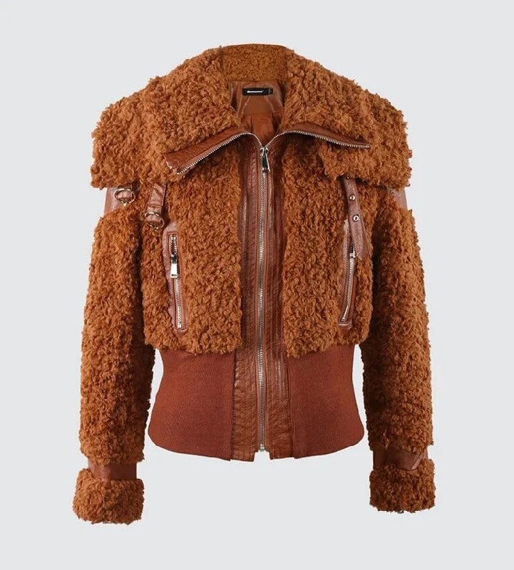 PU Leather Patchwork Faux Fur Fluffy Jacket