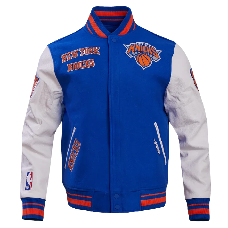 NBA NEW YORK KNICKS RETRO CLASSIC MEN'S RIB WOOL VARSITY JACKET (ROYAL BLUE/ORANGE)