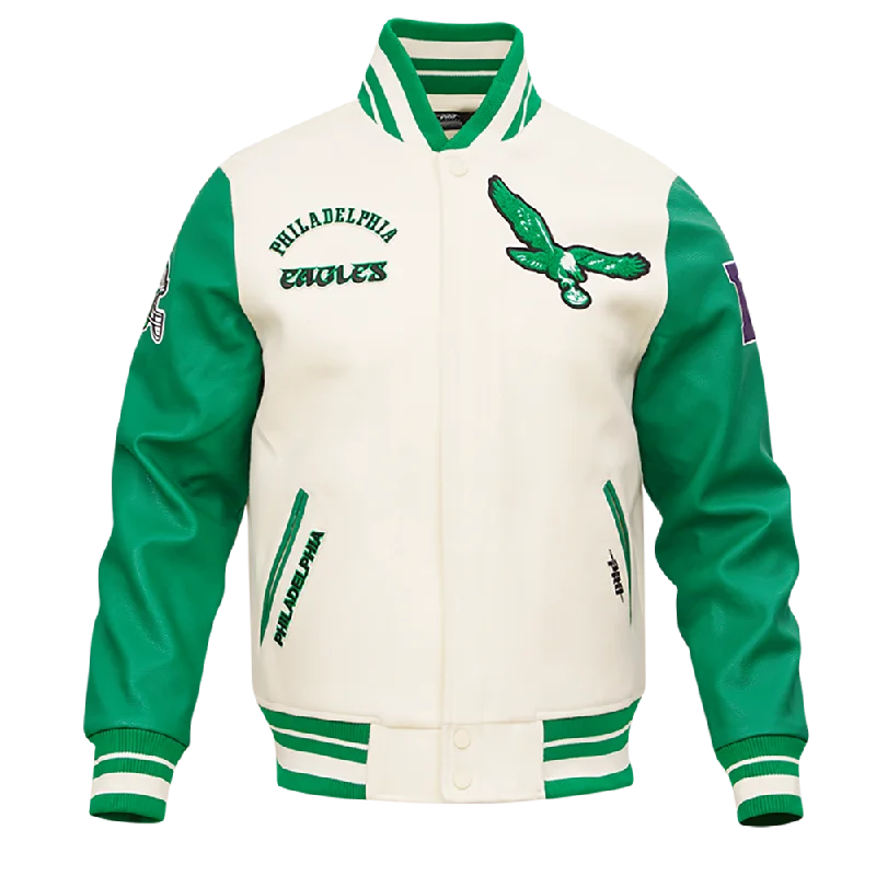 NFL PHILADELPHIA EAGLES RETRO CLASSIC MEN'S RIB WOOL VARSITY JACKET (EGGSHELL/ KELLY GREEN)