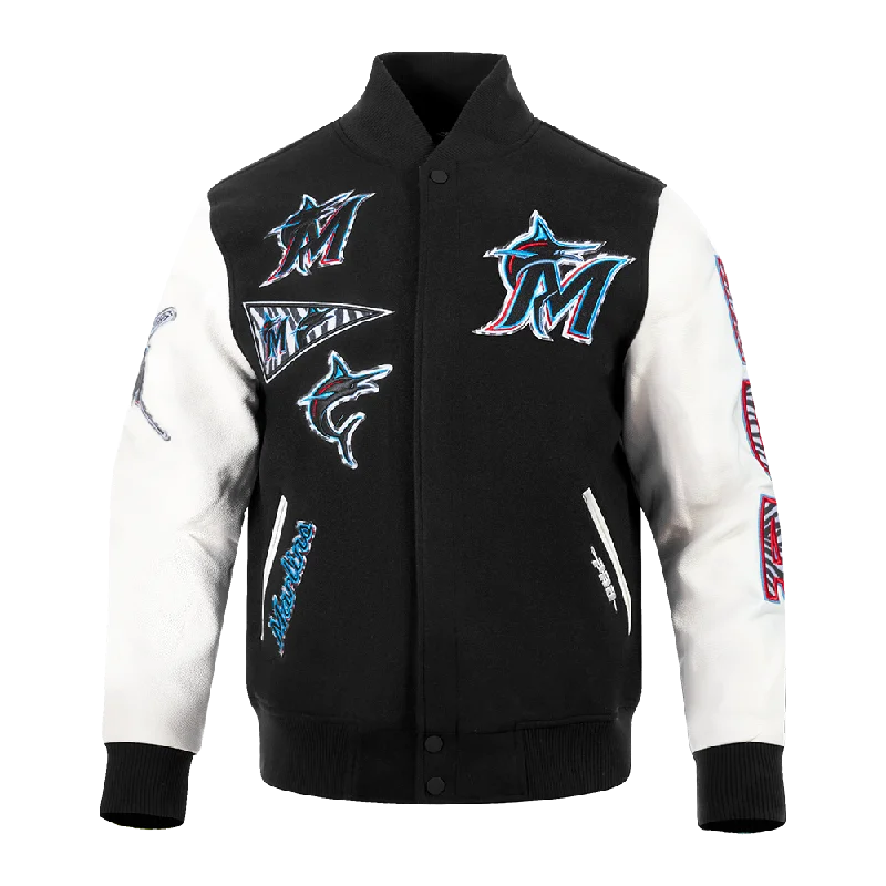 MLB MIAMI MARLINS ANIMAL PRINT MEN'S WOOL VARSITY JACKET (BLACK/WHITE M60030)