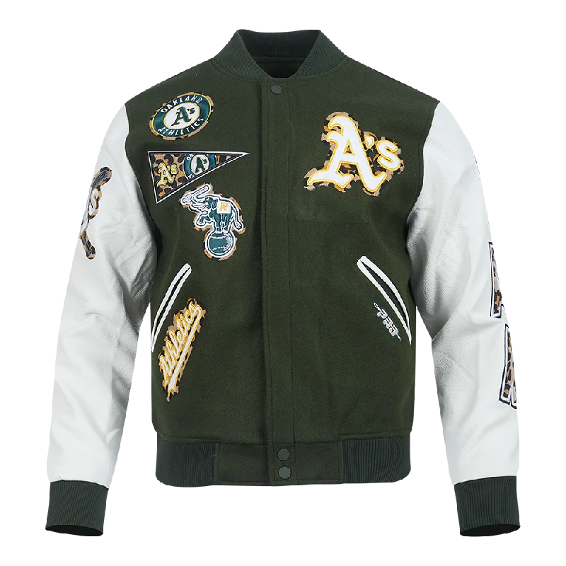 MLB OAKLAND ATHLETICS ANIMAL PRINT MEN'S WOOL VARSITY JACKET (FOREST GREEN/WHITE)