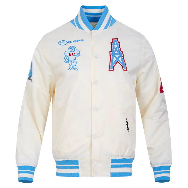 NFL HOUSTON OILERS RETRO CLASSIC MEN'S RIB SATIN JACKET (EGGSHELL/ UNIVERSITY BLUE)