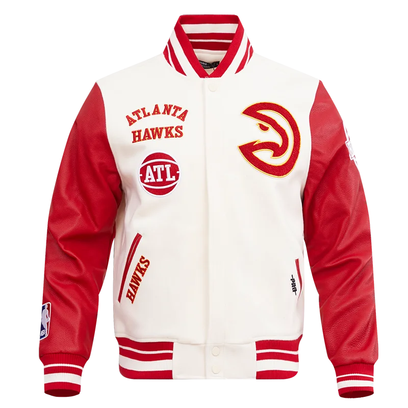 NBA ATLANTA HAWKS RETRO CLASSIC MEN'S RIB WOOL VARSITY JACKET (EGGSHELL/ RED)