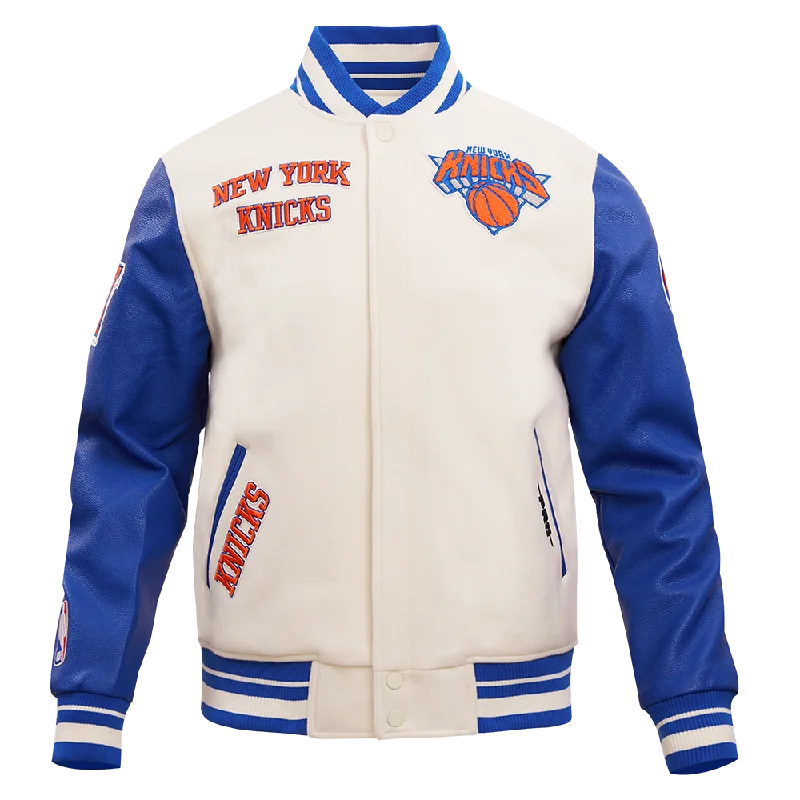 NBA NEW YORK KNICKS RETRO CLASSIC MEN'S RIB WOOL VARSITY JACKET (EGGSHELL/ ROYAL BLUE)