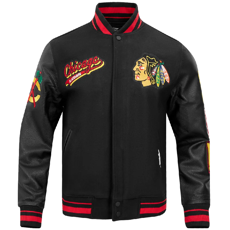 NHL CHICAGO BLACKHAWKS SCRIPT TAIL MEN'S RIB WOOL VARSITY JACKET (BLACK/RED/BLACK)