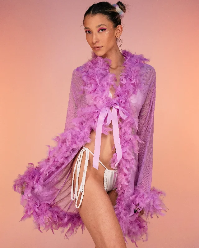 Lady Love Sheer Short Robe With Boa Feather Trim