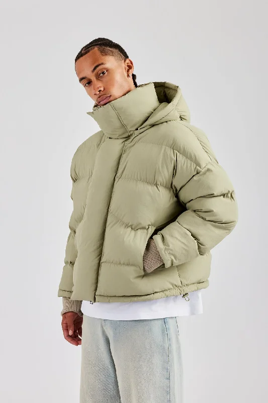 Oversized Hooded Puffer Jacket - Sage