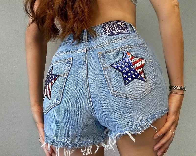 Patriotic Distressed High Waisted Denim Shorts  - American Flag Stars - The Eleanor