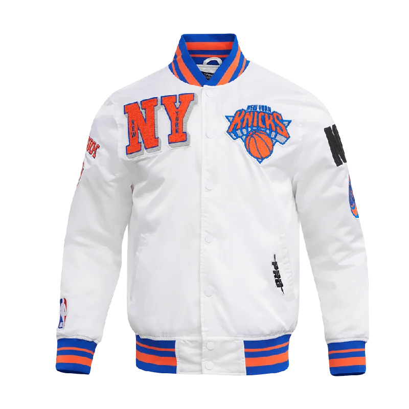 NBA NEW YORK KNICKS MASHUP MEN'S RIB SATIN JACKET (WHITE/ROYAL BLUE/ORANGE)