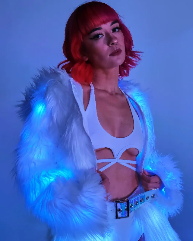 Blue LED White Furry Cropped Hooded Jacket