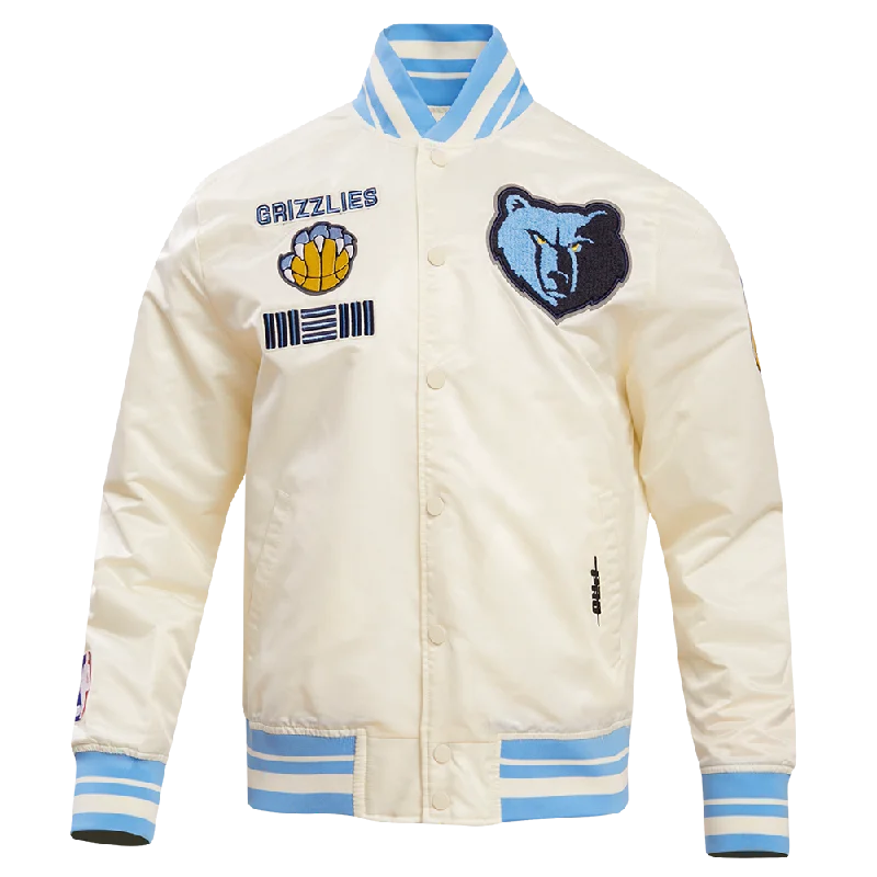 NBA MEMPHIS GRIZZLIES RETRO CLASSIC MEN'S RIB SATIN JACKET (EGGSHELL/UNIVERSAL BLUE)