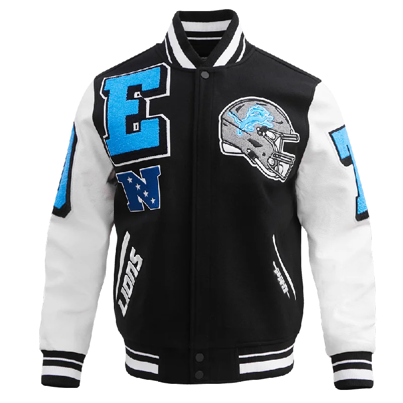 NFL DETROIT LIONS MASHUP MEN'S RIB WOOL VARSITY JACKET (BLACK/WHITE)