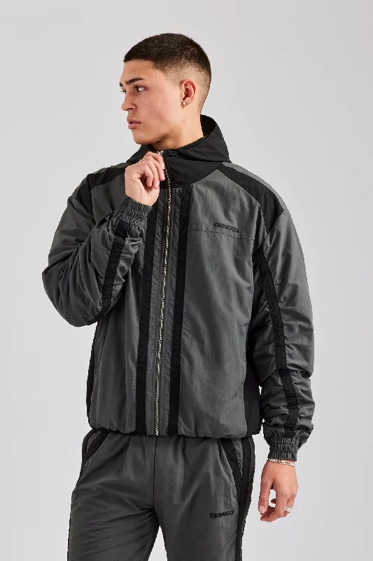 Nylon Colour Block Zip Through Jacket - Charcoal