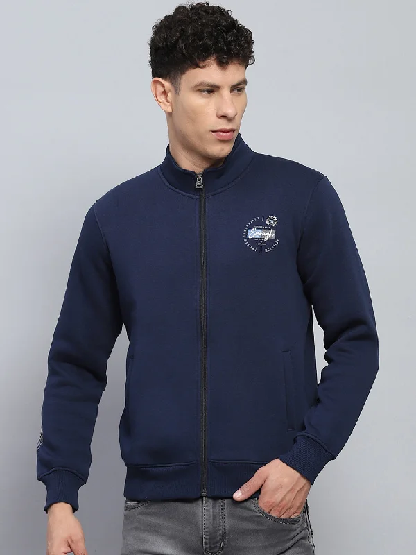 Men Navy Blue Printed Mock Neck Full Sleeve Sweatshirt