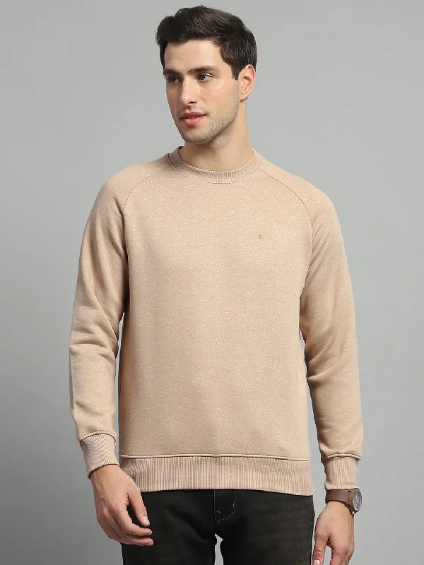 Men Camel Brown Solid Round Neck Full Sleeve Sweatshirt