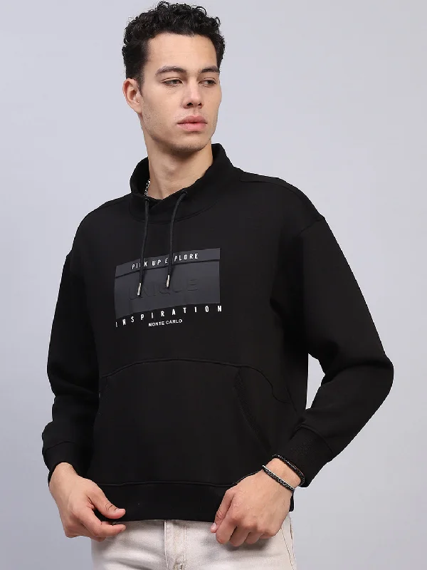 Men Black Printed Mock Neck Full Sleeve Sweatshirt