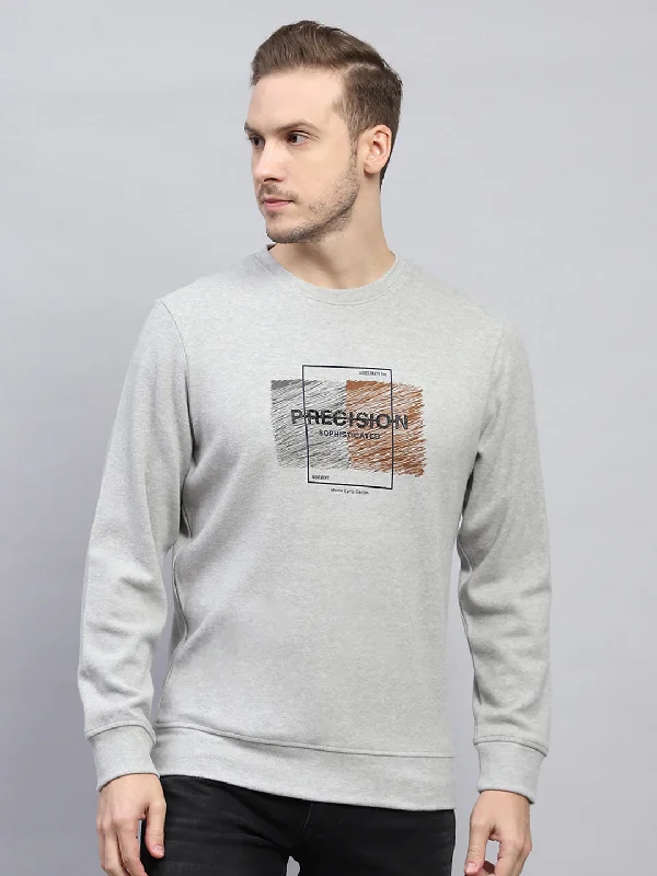 Men Grey Printed Round Neck Full Sleeve Sweatshirt