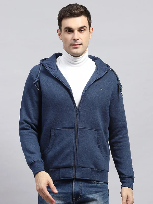 Men Blue Solid Hooded Full Sleeve Sweatshirt