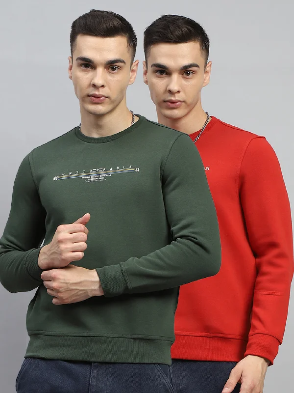 Men Green & Maroon Printed Round Neck Full Sleeve Sweatshirt