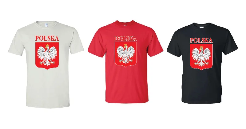 Polska Men's T-Shirts Shield With Polish Eagle White Red Black Colors