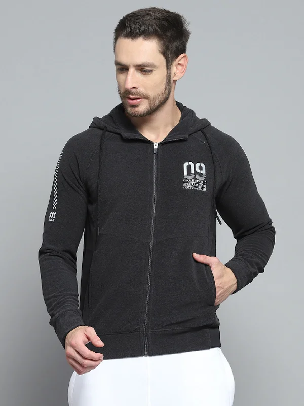 Men Charcoal Printed Hooded Full Sleeve Sweatshirt