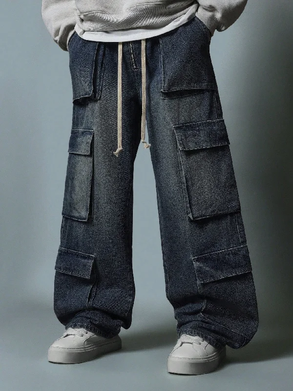 Washed Loose Fit Multi Pocket Cargo Jean With Elastic Waistband & Drawcords