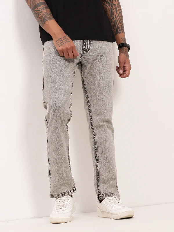 Men Grey Solid Straight Fit Jeans