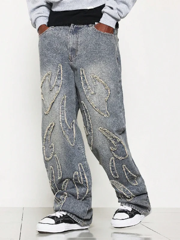 Loose Fit Washed Jean With Flame Applique