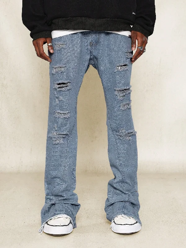 Flare Fit Ripped Raw Edge Denim Jean With  Side Snap Split