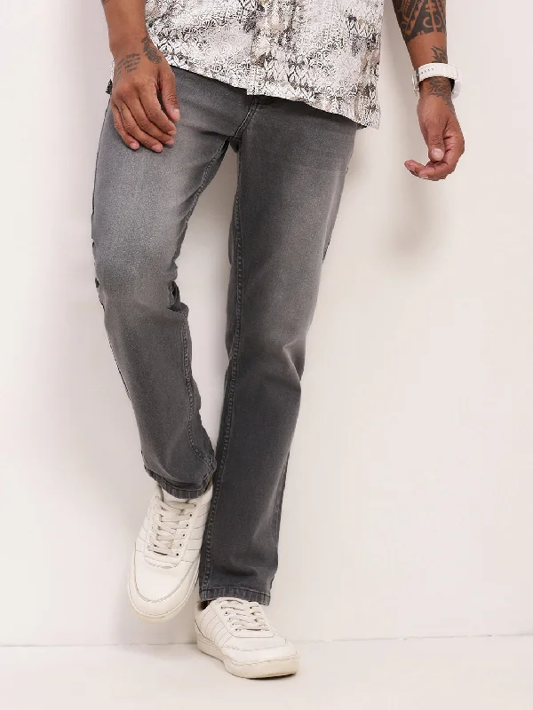 Men Grey Solid Straight Fit Jeans