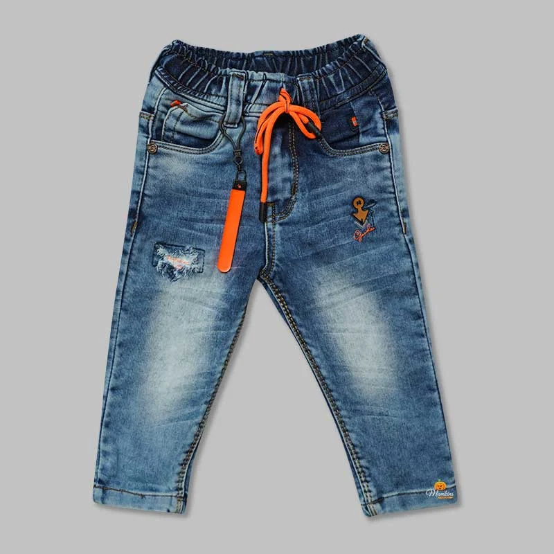 Blue Denim Jeans for Boys with Rugged Pattern