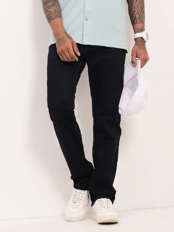 Men Navy Blue Solid Straight Fit Jeans