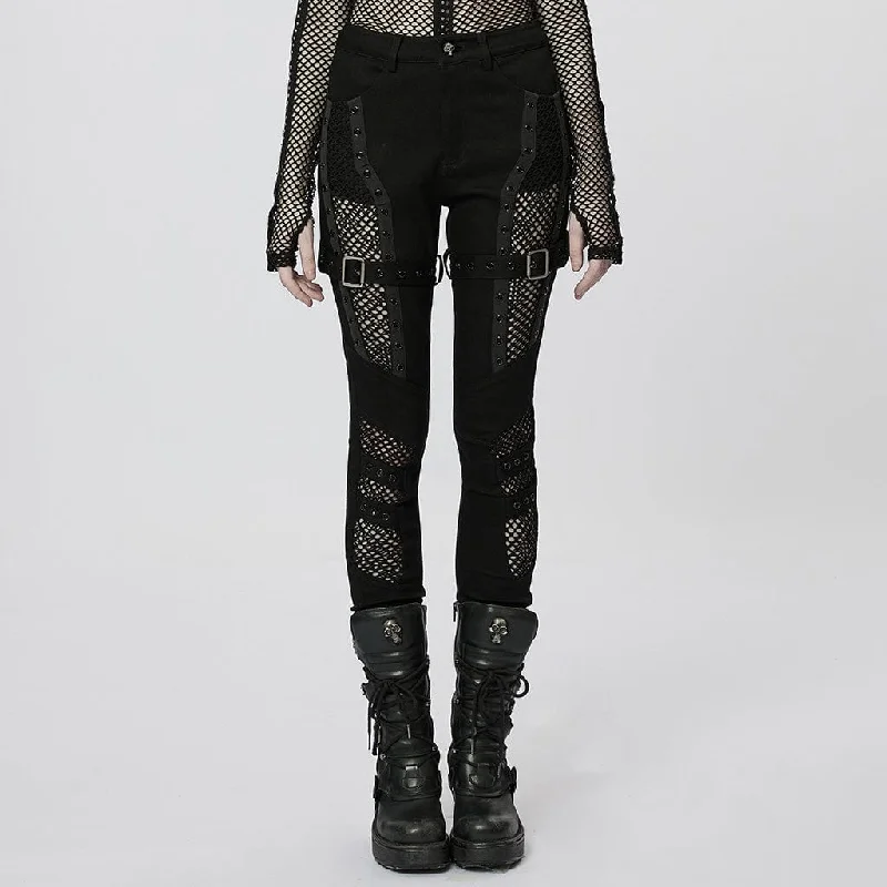 Women's Punk Buckles Mesh Splice Eyelets Jeans