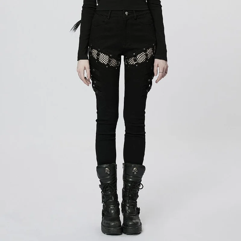 Women's Punk Mesh Splice Buckles Jeans